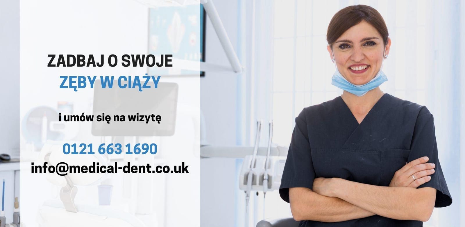 A clinician beside a Polish-language notice about dental care during pregnancy