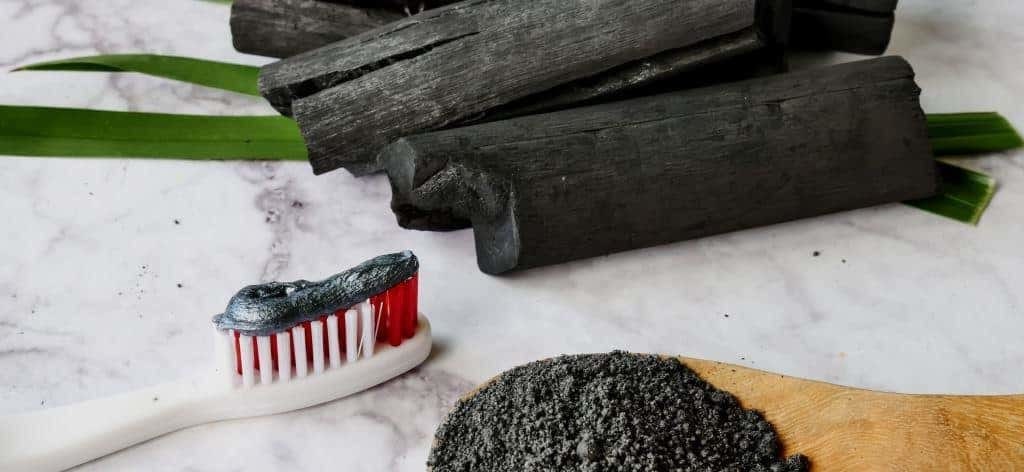 Charcoal pieces beside a toothbrush and black powder
