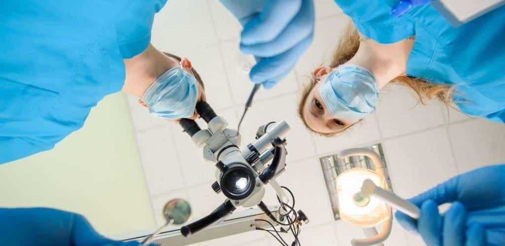 A view of a dental team and equipment from below
