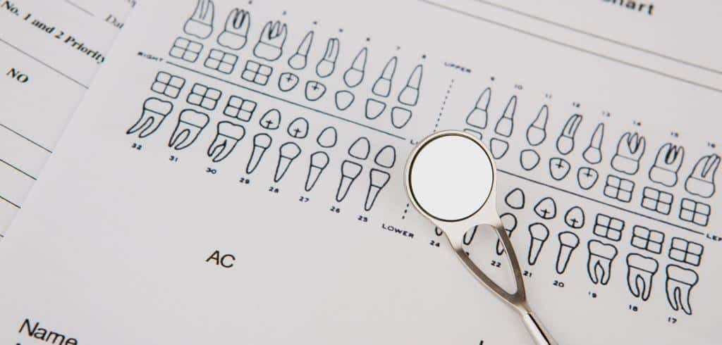 A dental mirror resting on a tooth chart