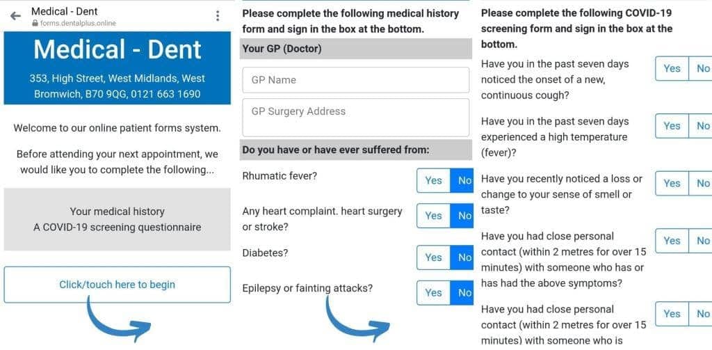 Historical screenshots showing medical history and COVID-19 screening forms