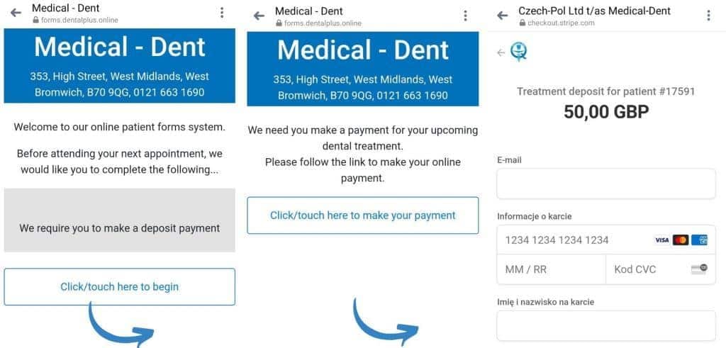 Historical screenshots of the practice’s online form and deposit payment process