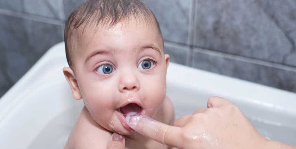 An adult gently touching a baby’s lower gum