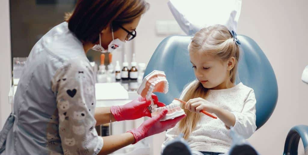 Child and dentist looking at a model of teeth
