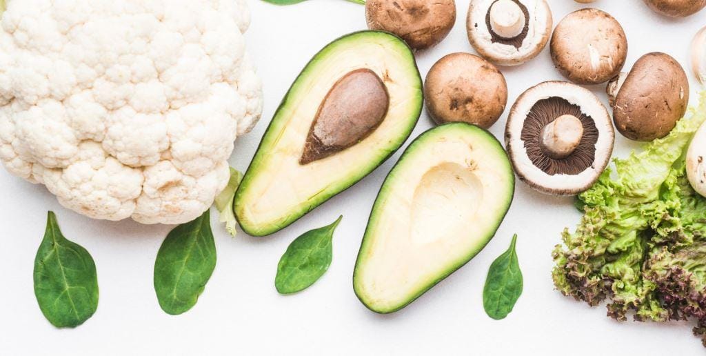 Cauliflower, avocado, mushrooms and leafy vegetables