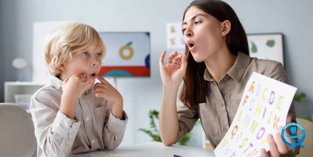 A child and an adult using a picture book during a speaking activity