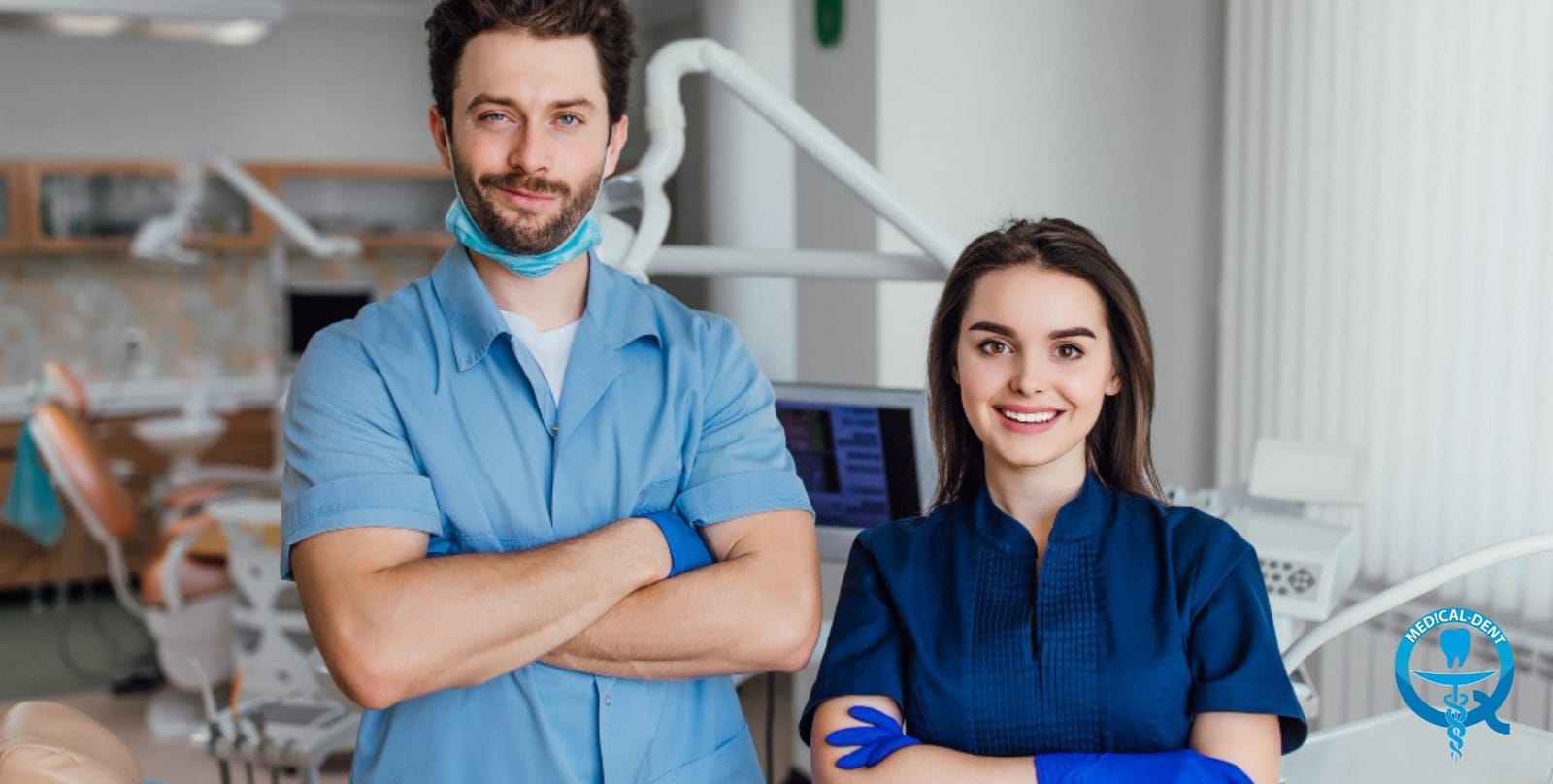 Two dental professionals standing in a dental practice