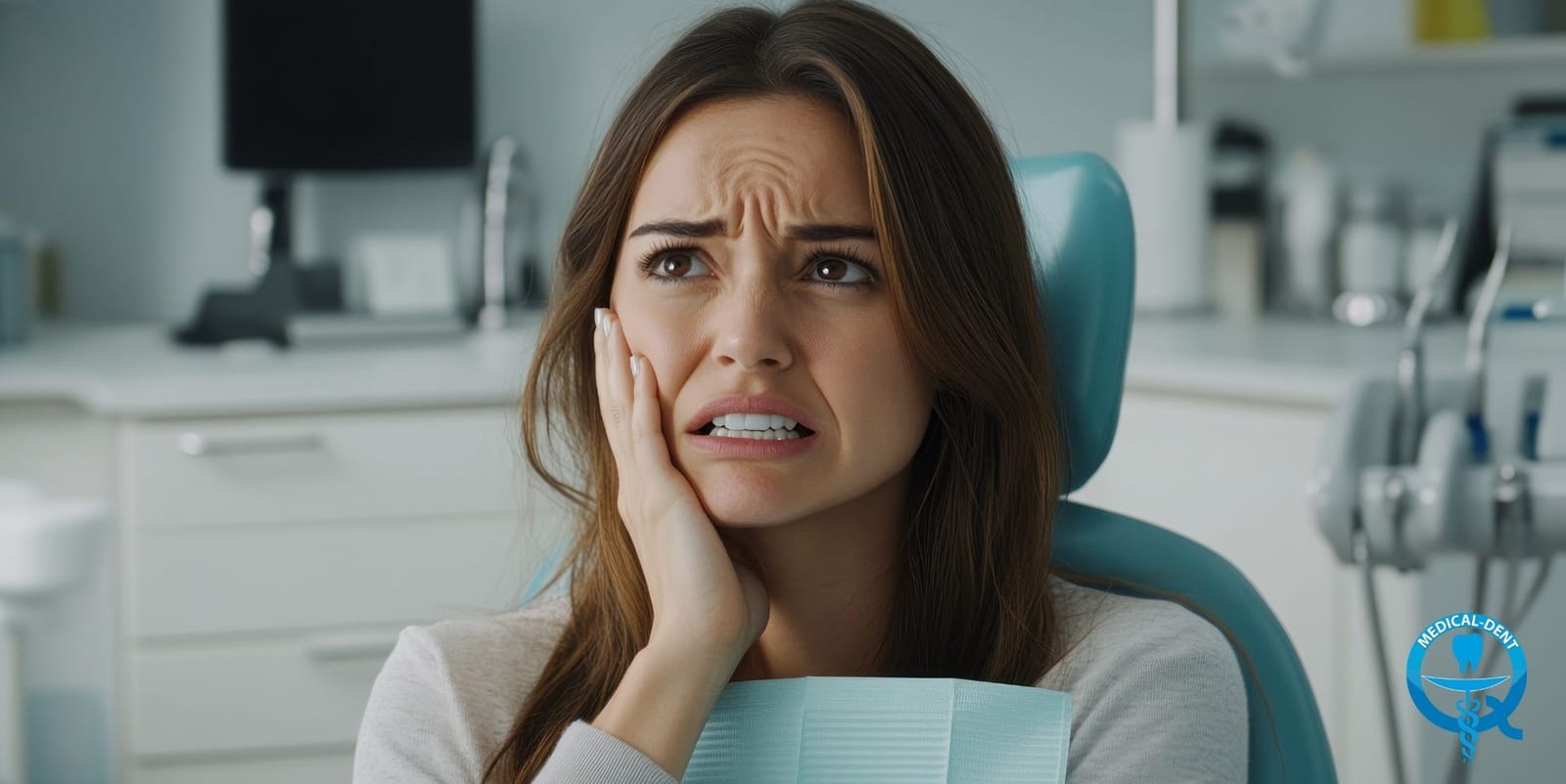 A woman touching her cheek while seated in a dental chair