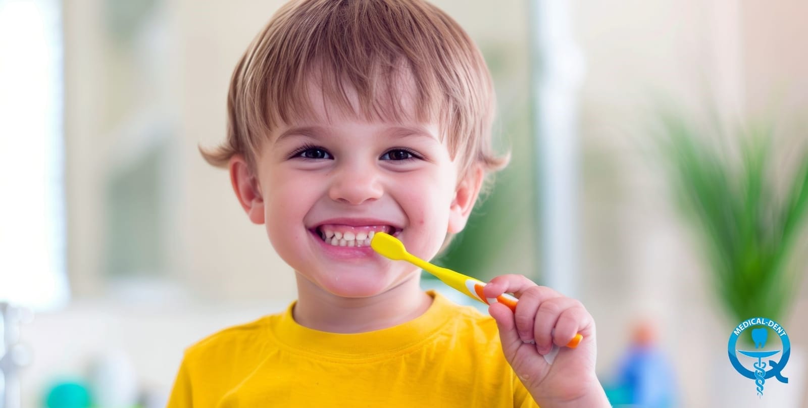 A child holding a toothbrush against their teeth