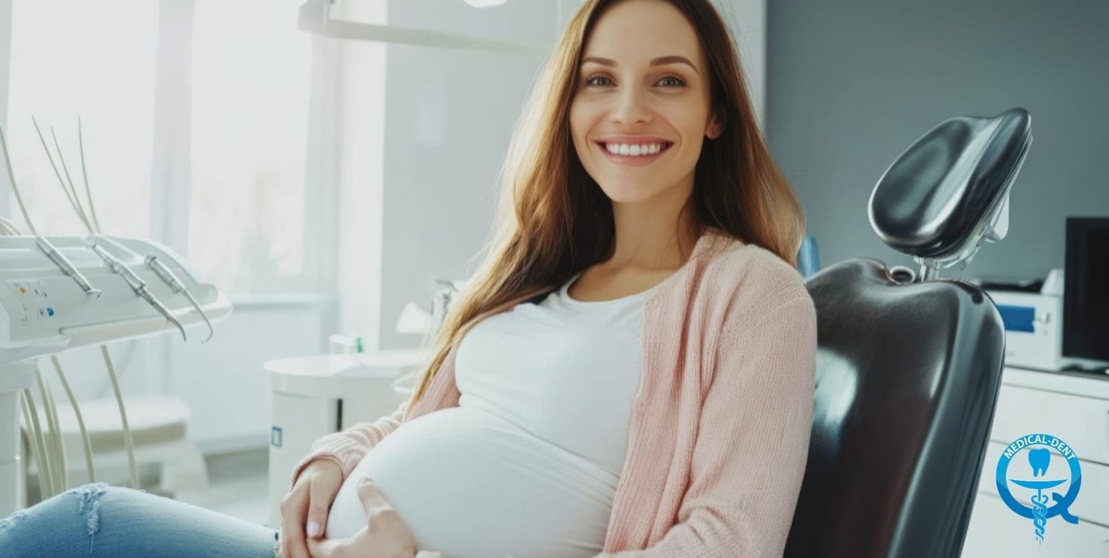 A pregnant patient sitting in a dental chair