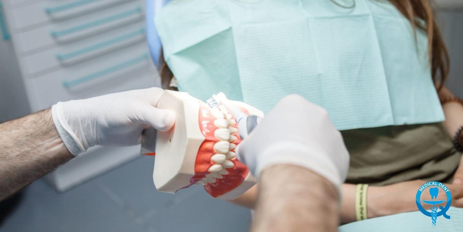 Dentist demonstrating an appliance on a model of teeth