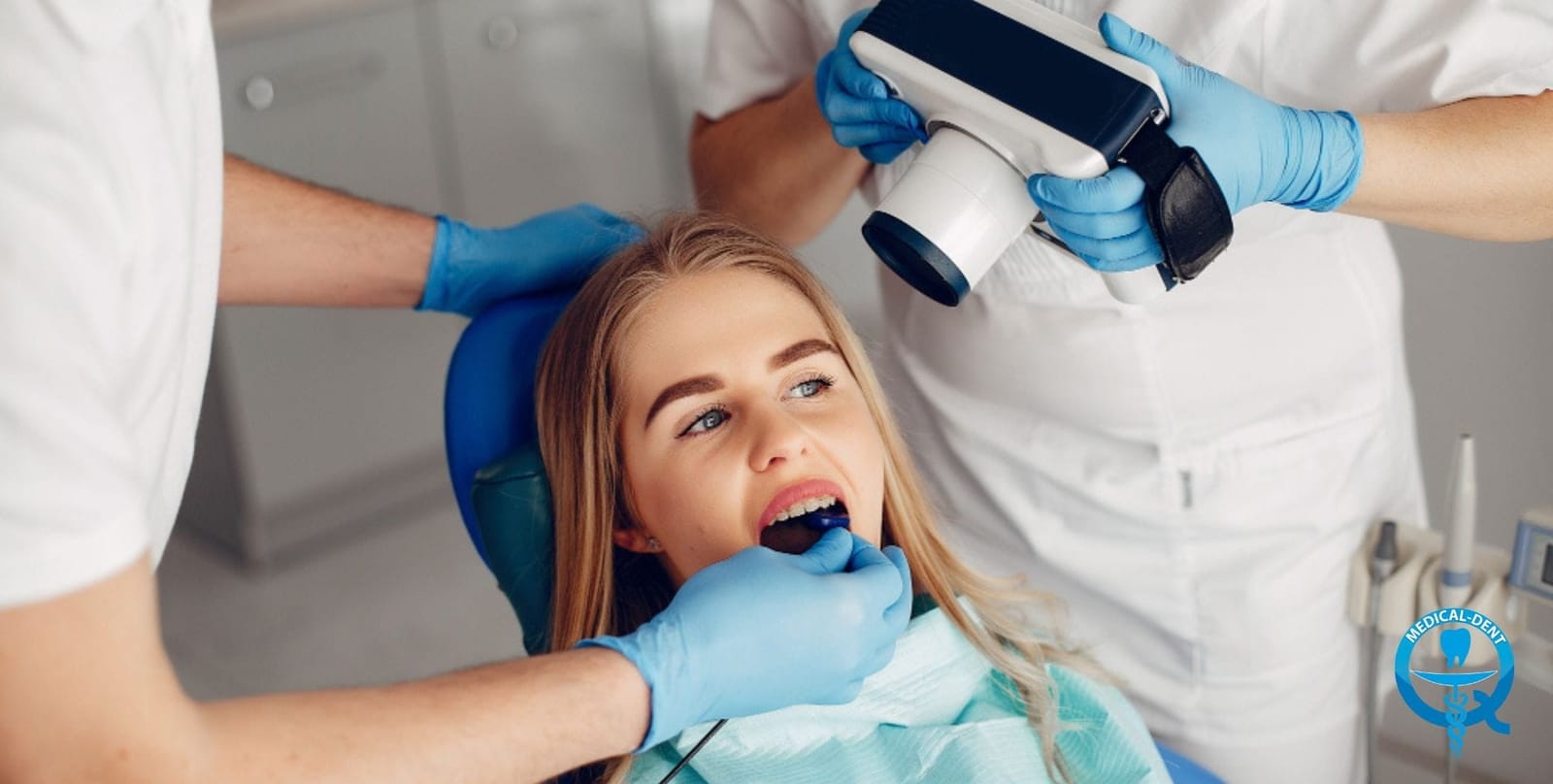 A patient being positioned for a dental X-ray