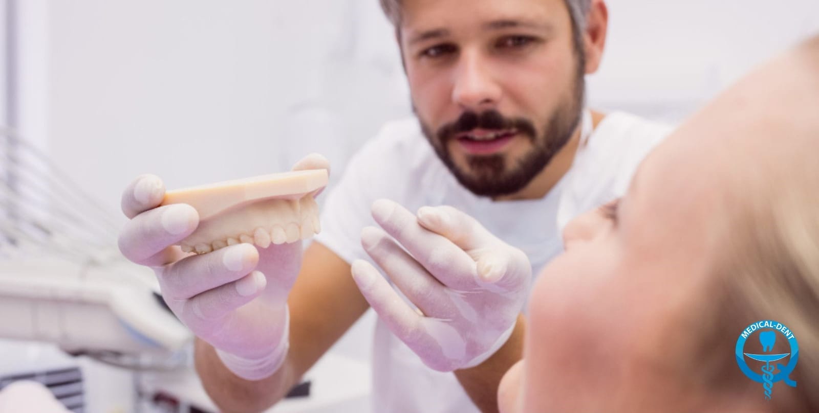 A dentist explaining a dental model to a patient